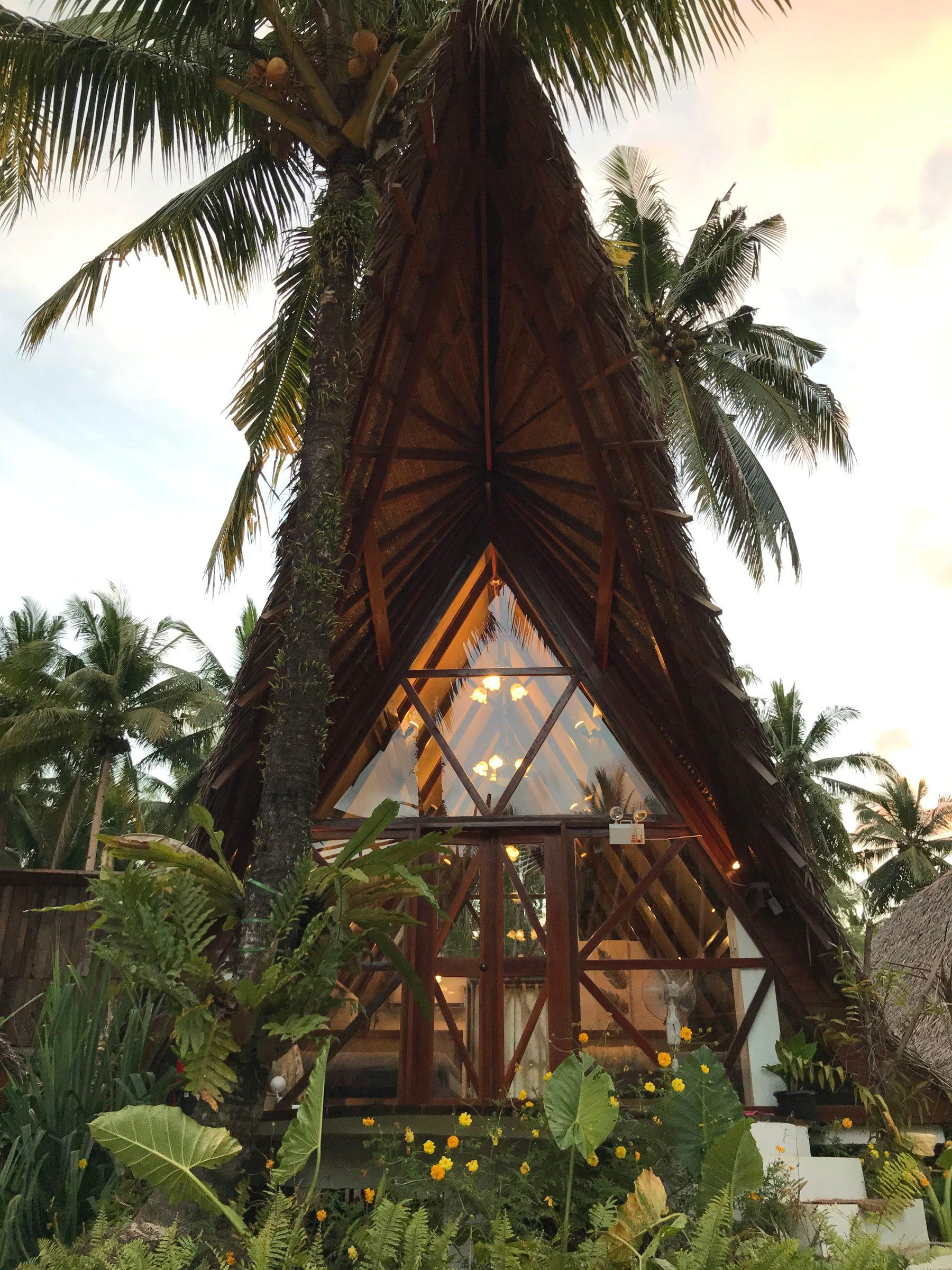 Tall thatched villa among coconut palms